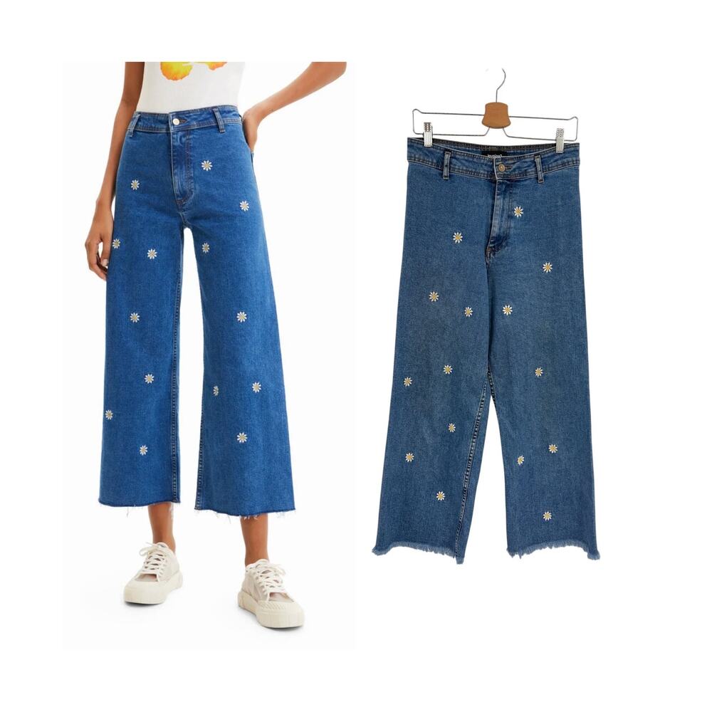 Desigual Embroidered Daisy Cropped Culotte Jeans‎ Wide Leg Blue Denim 40 US 8